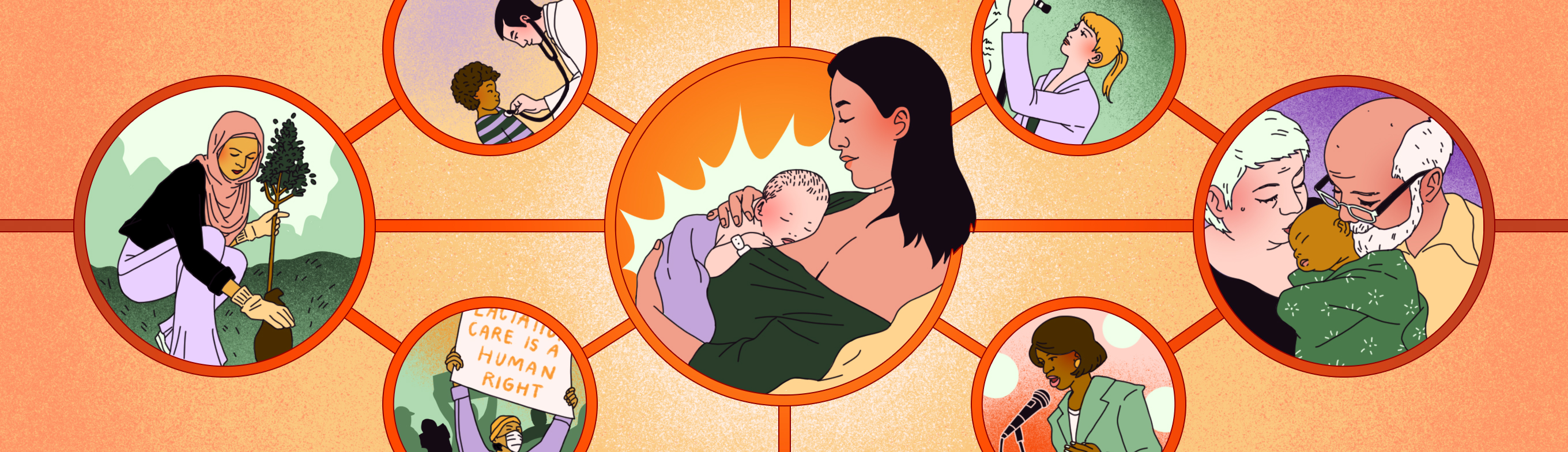 A smiling woman of European descent sits in a comfortable chair and nurses her infant while speaking with a woman of African descent.