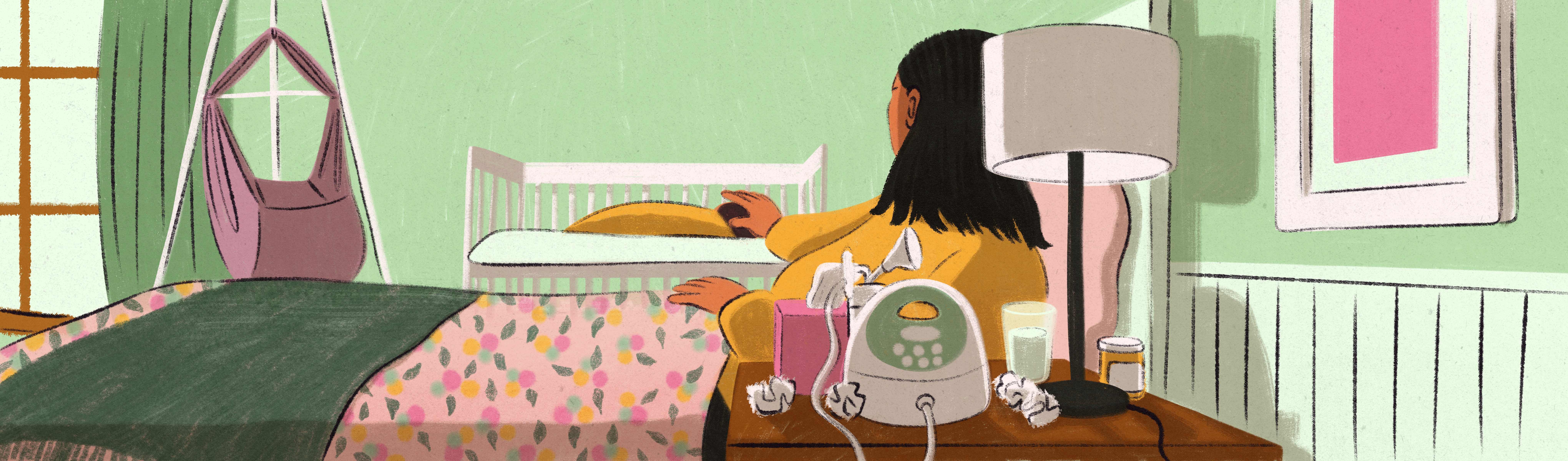 A smiling woman of European descent sits in a comfortable chair and nurses her infant while speaking with a woman of African descent.